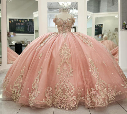 HE214 - Vestidos de quinceañera de tul con encaje y hombros descubiertos con lazo grande, estilo princesa, para fiesta de cumpleaños, sin mangas, para dulces 16