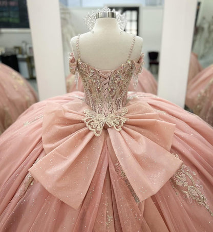 HE214 - Vestidos de quinceañera de tul con encaje y hombros descubiertos con lazo grande, estilo princesa, para fiesta de cumpleaños, sin mangas, para dulces 16