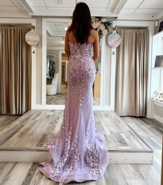 HE253-Sweetheart Tulle Lace Prom Dresses Long Appliqued Evening Party Gowns Mermaid Side Slit Formal Dress for Women