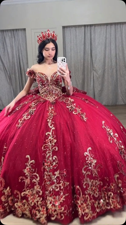 HE149 - Vestidos de quinceañera rojos con hombros descubiertos, apliques de tul y encaje, para fiesta de graduación, vestido de gala para fiesta de cumpleaños de 16 años