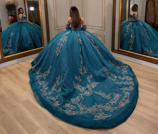 HE148-Blue Sweetheart Tulle Quinceanera Dresses with Detachable Sleeves Tulle Lace Appliques Birthday Party Dress for Sweet 16