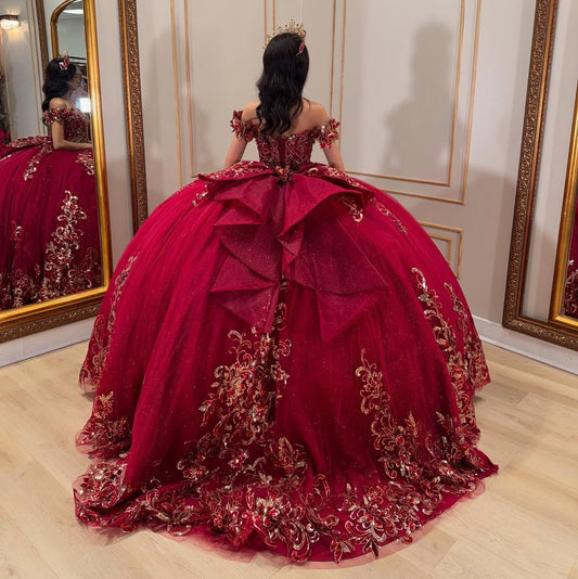 HE149 - Vestidos de quinceañera rojos con hombros descubiertos, apliques de tul y encaje, para fiesta de graduación, vestido de gala para fiesta de cumpleaños de 16 años