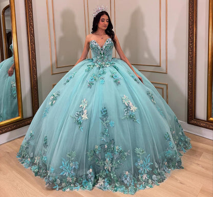 HE151-Aqua Blue Sweetheart Ball Gown Quinceanera Dresses for Sweet 16 Tulle Lace Beaded Birthday Party Dresses Long