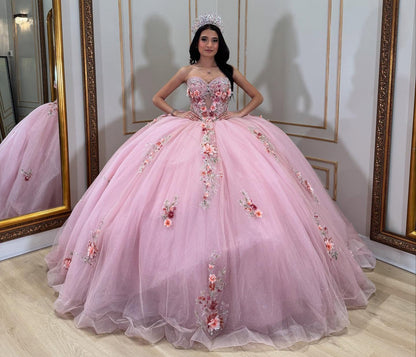 Sweetheart Pink Quinceanera Dresses Tulle 3d Flower Appliques Party Dresses HE150