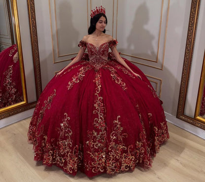 HE149 - Vestidos de quinceañera rojos con hombros descubiertos, apliques de tul y encaje, para fiesta de graduación, vestido de gala para fiesta de cumpleaños de 16 años