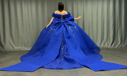 HE160-Vestidos de quinceañera azul real, vestido de baile de tul con encaje y cuentas, vestidos de fiesta con hombros descubiertos, vestidos de princesa para dulces 16 cumpleaños