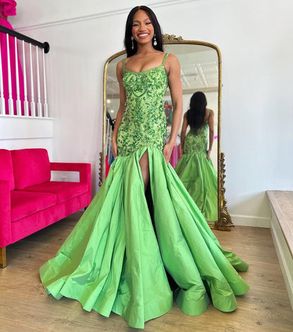 HE180-Mermaid Satin Sequin Beaded Long Prom Dresses with Slit Women's Spaghetti Straps Evening Gowns Plus Size Sleeveless Party Dress