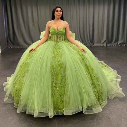 HE159-Vestido de quinceañera verde con apliques de encaje de tul y lazo para fiesta de cumpleaños de princesa