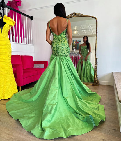 HE180-Mermaid Satin Sequin Beaded Long Prom Dresses with Slit Women's Spaghetti Straps Evening Gowns Plus Size Sleeveless Party Dress