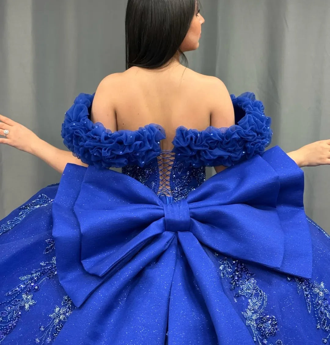 HE160-Vestidos de quinceañera azul real, vestido de baile de tul con encaje y cuentas, vestidos de fiesta con hombros descubiertos, vestidos de princesa para dulces 16 cumpleaños