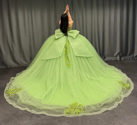 HE159-Vestido de quinceañera verde con apliques de encaje de tul y lazo para fiesta de cumpleaños de princesa