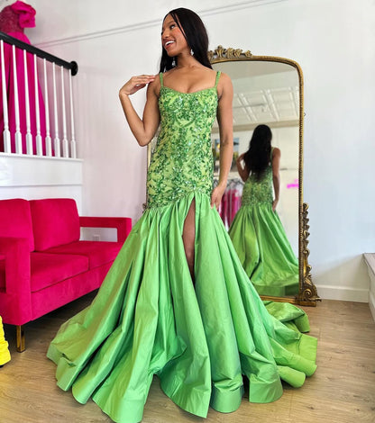 HE180-Mermaid Satin Sequin Beaded Long Prom Dresses with Slit Women's Spaghetti Straps Evening Gowns Plus Size Sleeveless Party Dress