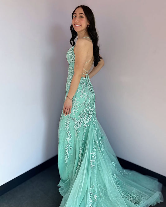 HE350-Mermaid Tulle Lace Appliques Prom Dresses Long for Women Sheath Evening Gowns Sexy Backless Party Dresses