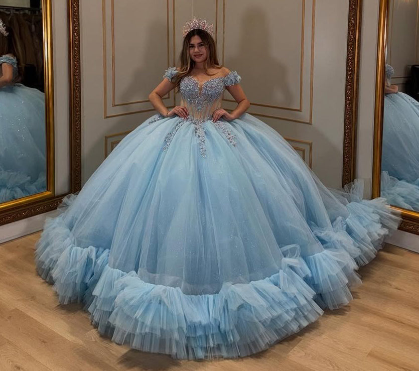 Gergeous Quinceanera Dresses Sky Blue Tulle Ruffle Beaded Sweet 16 Party Dresses HE152