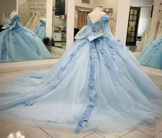 HE212-Sky Blue Ball Gown Quinceanera Dresses 3d Flowers Princess Tulle Appliques Sweet 16 Party Gowns with Detachable Sleeves
