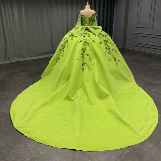 HE171 - Vestido de quinceañera princesa de satén con hombros descubiertos, vestido de baile con apliques de flores 3D y cuentas, para cumpleaños de 16 años