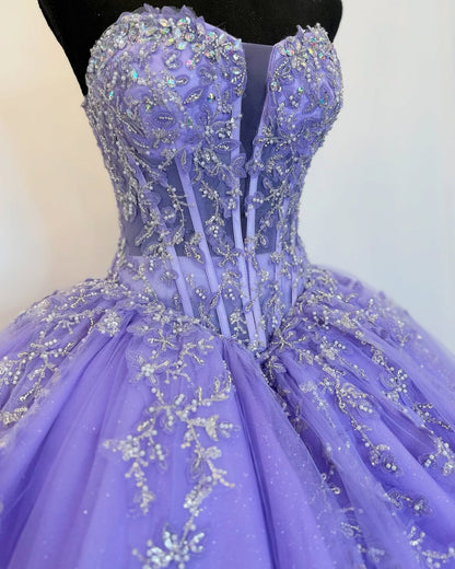 Lilac Sweetheart Princess Quinceanera Dresses Tulle Lace Beaded Sweet 16 Dresses HE237