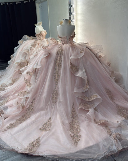 Sweetheart Tulle Ruffle Lace Appliqued Blush Quinceanera Dresses for Sweet 16 Party HE935