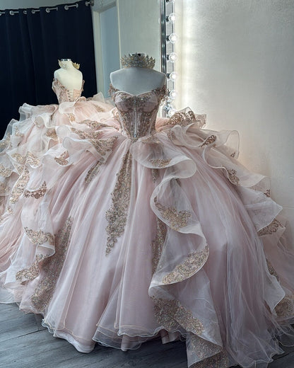 Sweetheart Tulle Ruffle Lace Appliqued Blush Quinceanera Dresses for Sweet 16 Party HE935