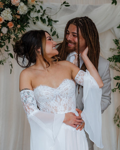 A Line Sweetheart Chiffon Lace Boho Wedding Dresses with Detachable Sleeves HE992