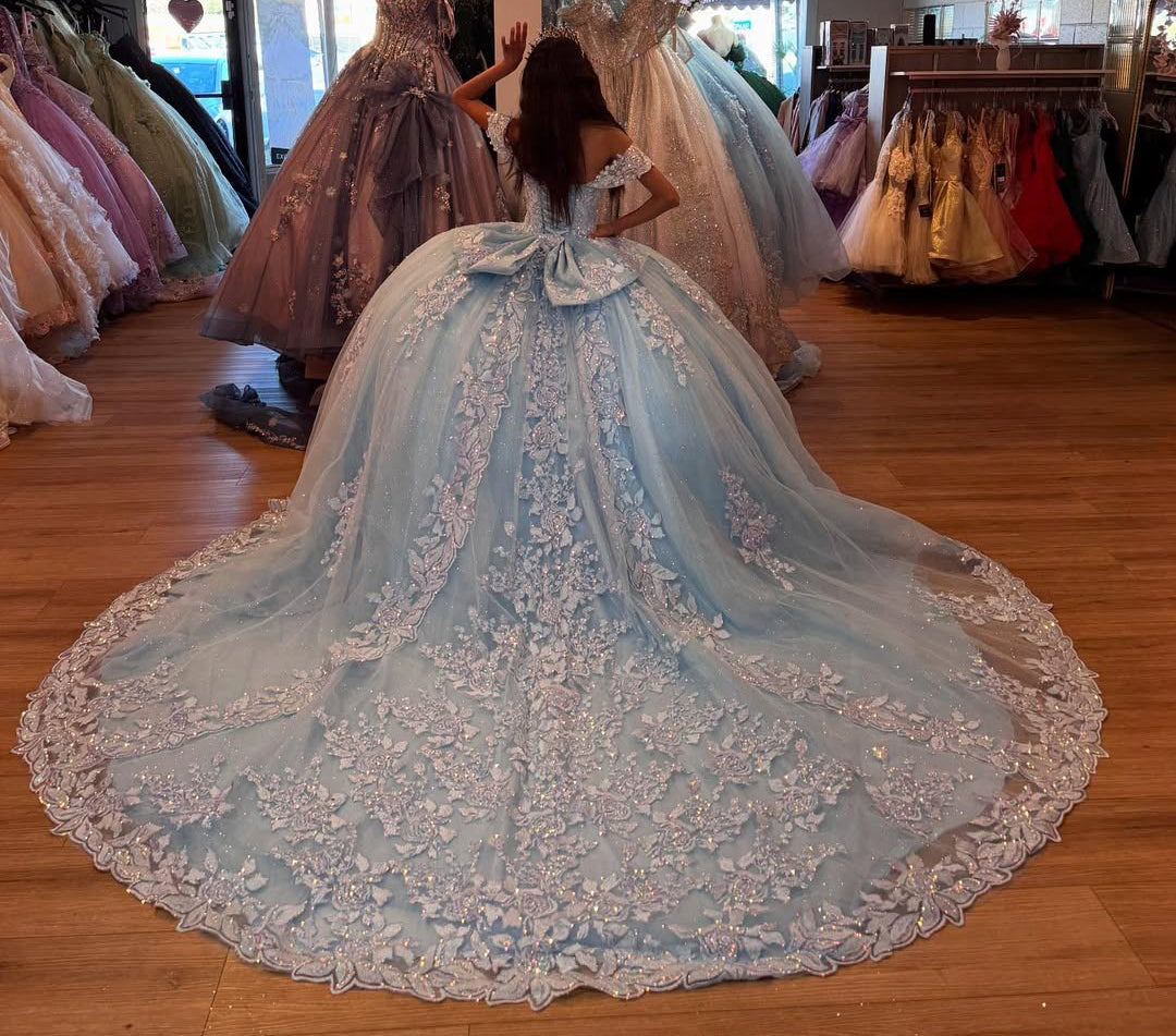 HE316-Sky Blue Princess Quinceanera Dresses Tulle Lace Appliques Party Gowns Off Shoulder Ball Gown Sweet 16 Dresses