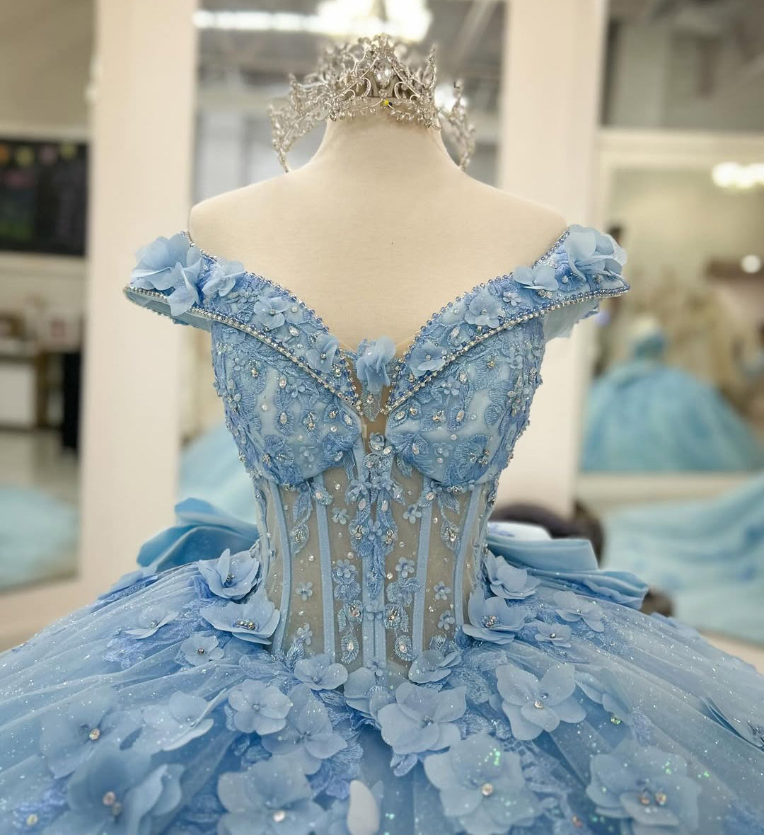 HE212-Sky Blue Ball Gown Quinceanera Dresses 3d Flowers Princess Tulle Appliques Sweet 16 Party Gowns with Detachable Sleeves