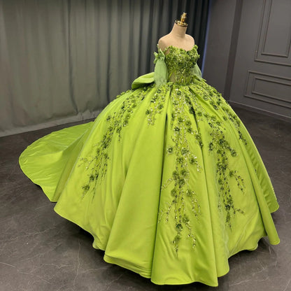 HE171 - Vestido de quinceañera princesa de satén con hombros descubiertos, vestido de baile con apliques de flores 3D y cuentas, para cumpleaños de 16 años