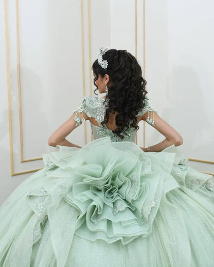 HE074 - Hermoso vestido de quinceañera con escote corazón y mangas cortas, apliques de encaje de tul, ideal para fiestas de graduación de cumpleaños de 16 años