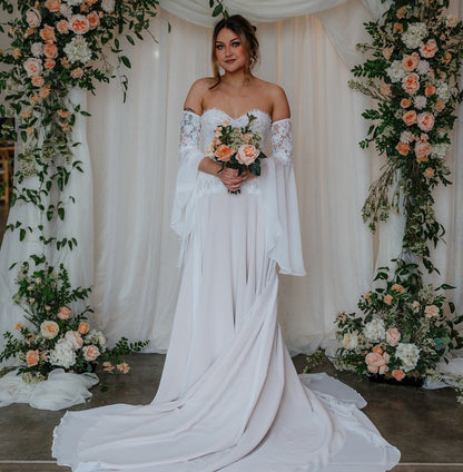 A Line Sweetheart Chiffon Lace Boho Wedding Dresses with Detachable Sleeves HE992