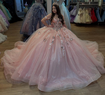 HE315-Off Shoulder Blush Sweet 16 Quinceanera Dresses Tulle 3d Flowers Beaded Birthday Prom Party Dresses