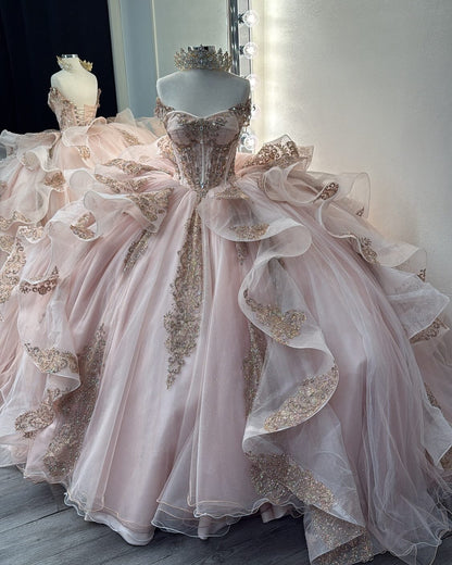 Sweetheart Tulle Ruffle Lace Appliqued Blush Quinceanera Dresses for Sweet 16 Party HE935