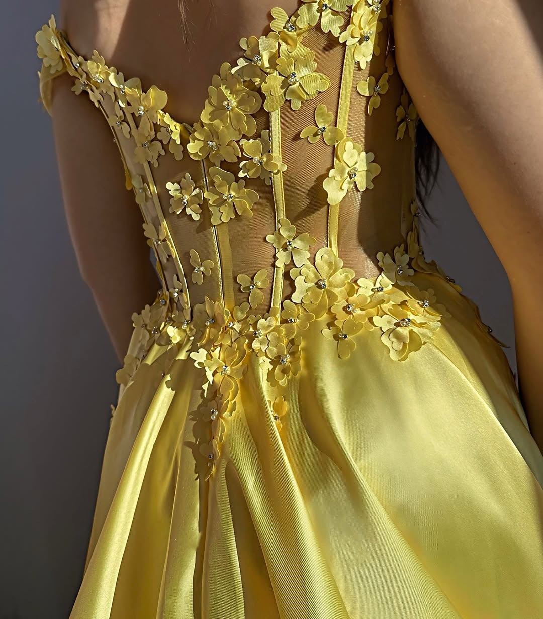 HE347-Off Shoulder Satin 3d Flowers Prom Dresses Long with Slit A Line Evening Gowns Corset Party Dreses for Women