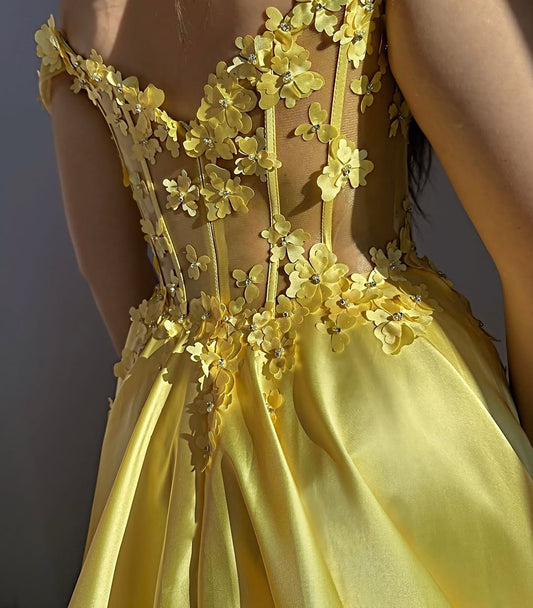 HE347-Off Shoulder Satin 3d Flowers Prom Dresses Long with Slit A Line Evening Gowns Corset Party Dreses for Women