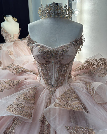 Sweetheart Tulle Ruffle Lace Appliqued Blush Quinceanera Dresses for Sweet 16 Party HE935