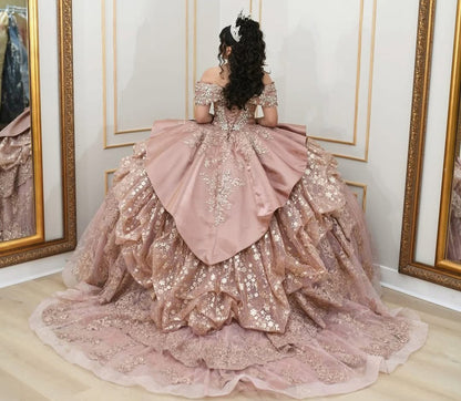 HE075 - Vestidos de quinceañera con apliques de tul y cuentas en los hombros descubiertos para galas de 16 años, fiestas de graduación y cumpleaños