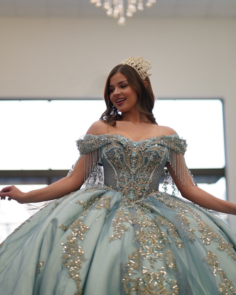 HE091 - Vestidos de quinceañera con apliques de encaje y tul con hombros descubiertos y cuentas, vestidos de fiesta de cumpleaños de lujo para dulces 16
