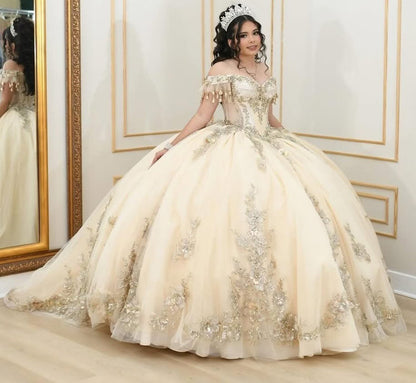 HE065-Champagne Off Shoulder Tulle Beaded Quinceanera Dresses Ball Gown Lace Appliqued Prom Party Birthday Gowns for Swet 16