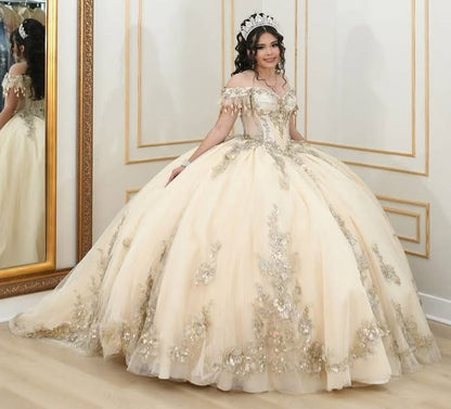 HE065-Champagne Off Shoulder Tulle Beaded Quinceanera Dresses Ball Gown Lace Appliqued Prom Party Birthday Gowns for Swet 16