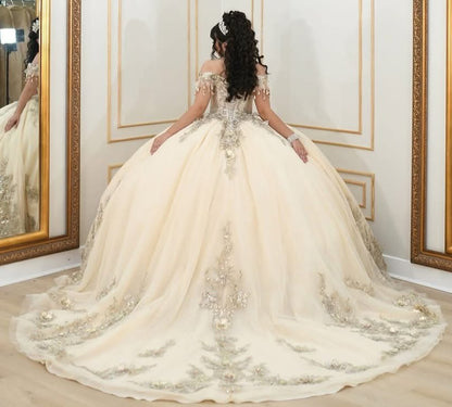 HE065-Champagne Off Shoulder Tulle Beaded Quinceanera Dresses Ball Gown Lace Appliqued Prom Party Birthday Gowns for Swet 16