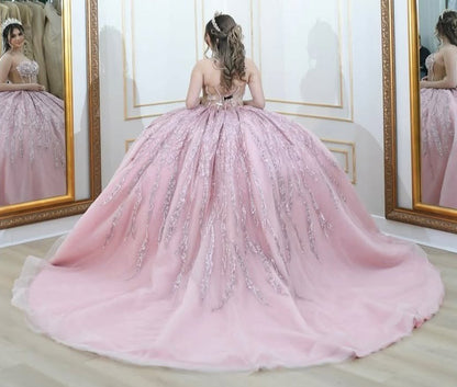 HE062-Pink Sweetheart Glittery Tulle Quinceanera Dresses with Corset Gergeous Ball Gown Sweet 16 Birthday Party Dress