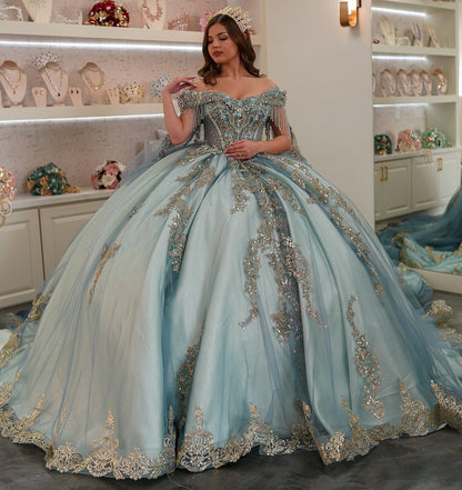 HE091 - Vestidos de quinceañera con apliques de encaje y tul con hombros descubiertos y cuentas, vestidos de fiesta de cumpleaños de lujo para dulces 16