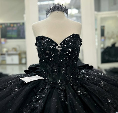 HE211-Vestido de quinceañera de princesa negro con escote en forma de corazón, vestido de fiesta de cumpleaños con apliques de encaje de tul, vestido de dulces 16