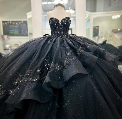 HE211-Vestido de quinceañera de princesa negro con escote en forma de corazón, vestido de fiesta de cumpleaños con apliques de encaje de tul, vestido de dulces 16