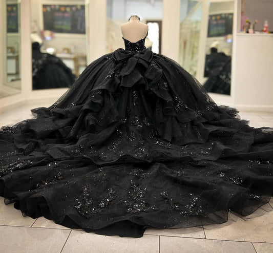 HE211-Vestido de quinceañera de princesa negro con escote en forma de corazón, vestido de fiesta de cumpleaños con apliques de encaje de tul, vestido de dulces 16