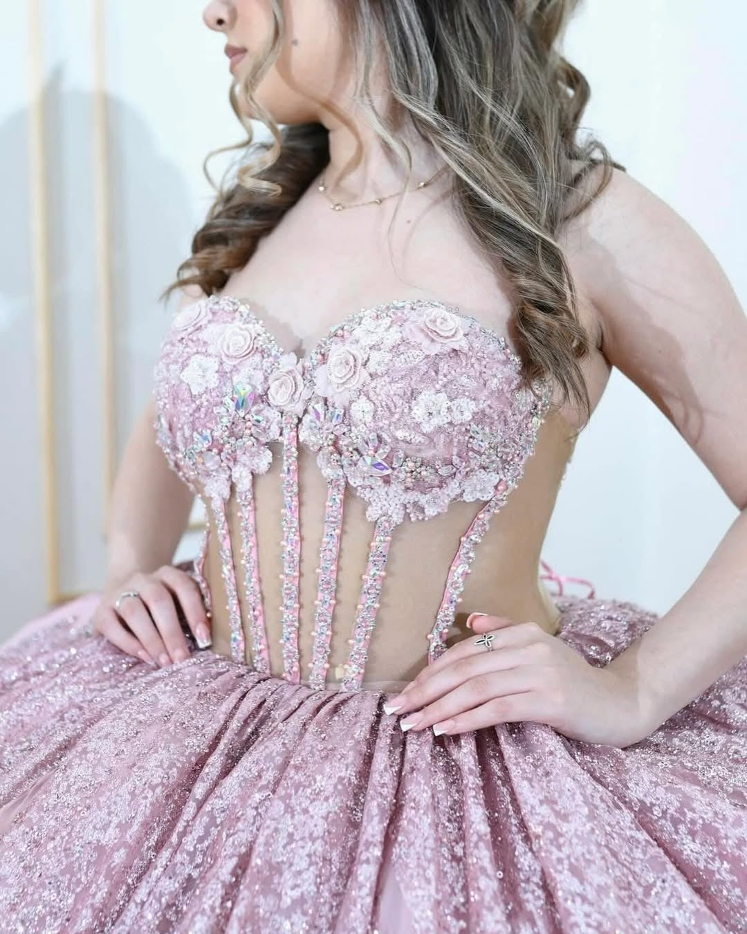 HE062-Pink Sweetheart Glittery Tulle Quinceanera Dresses with Corset Gergeous Ball Gown Sweet 16 Birthday Party Dress
