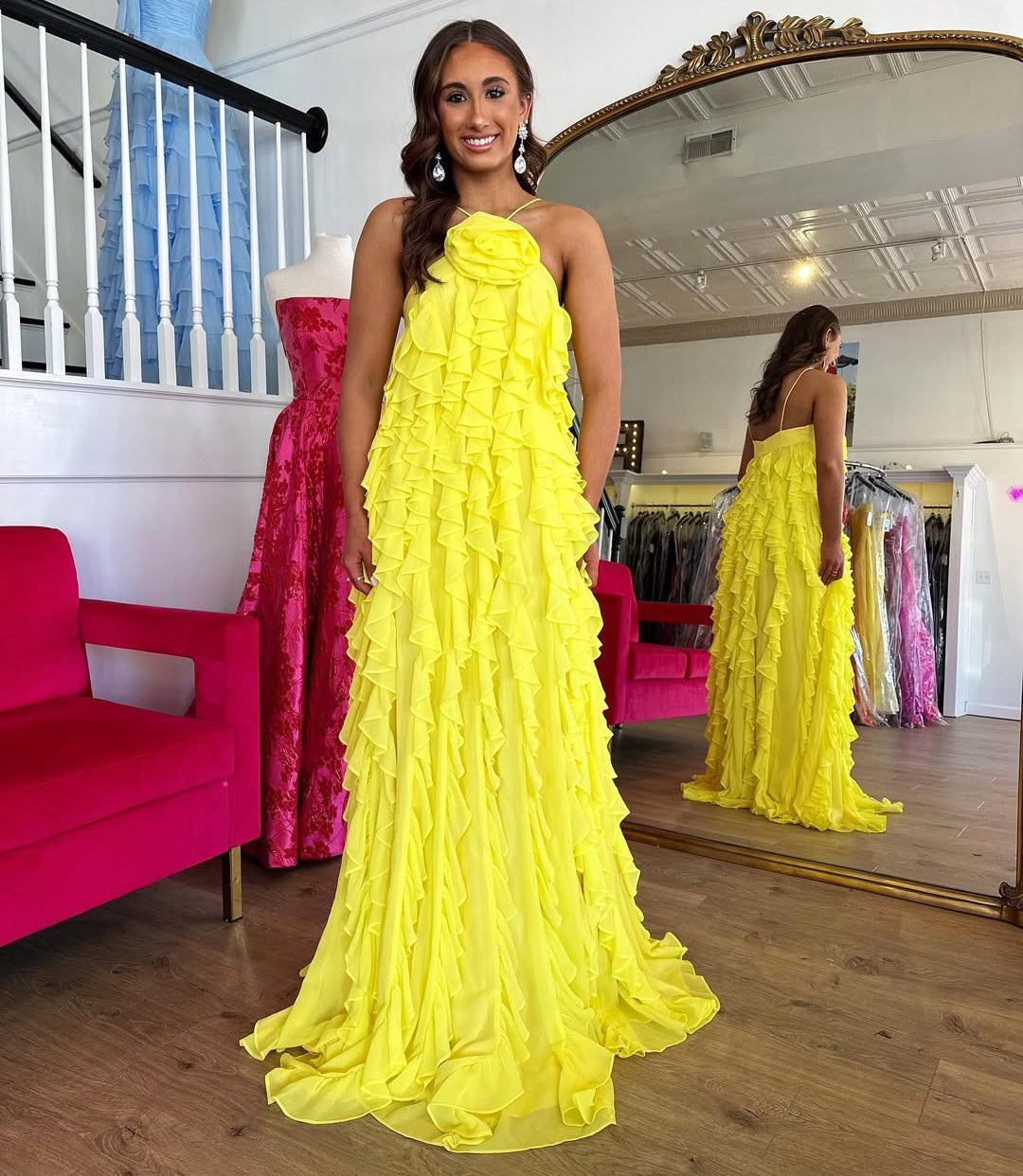 HE182-Yellow A Line Chiffon Ruffles Prom Dresses Long Sleeveless Plus Size Evening Gowns Backless Party Dress for Women