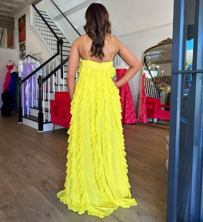 HE182-Yellow A Line Chiffon Ruffles Prom Dresses Long Sleeveless Plus Size Evening Gowns Backless Party Dress for Women