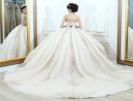 HE061-Gergeous Ball Gown Quinceanera Dresses with Detachable Sleeves Tulle Lace Appliques Sweet 16 Champagne Birthday Dress