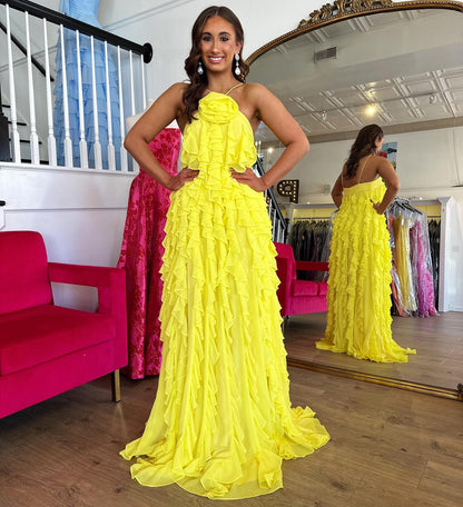 HE182-Yellow A Line Chiffon Ruffles Prom Dresses Long Sleeveless Plus Size Evening Gowns Backless Party Dress for Women