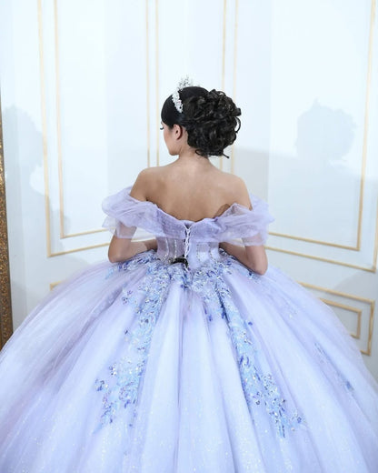 Lilac Tulle Lace Quinceanera Dresses Appliques Beaded Sweet 16 Party Gowns HE060